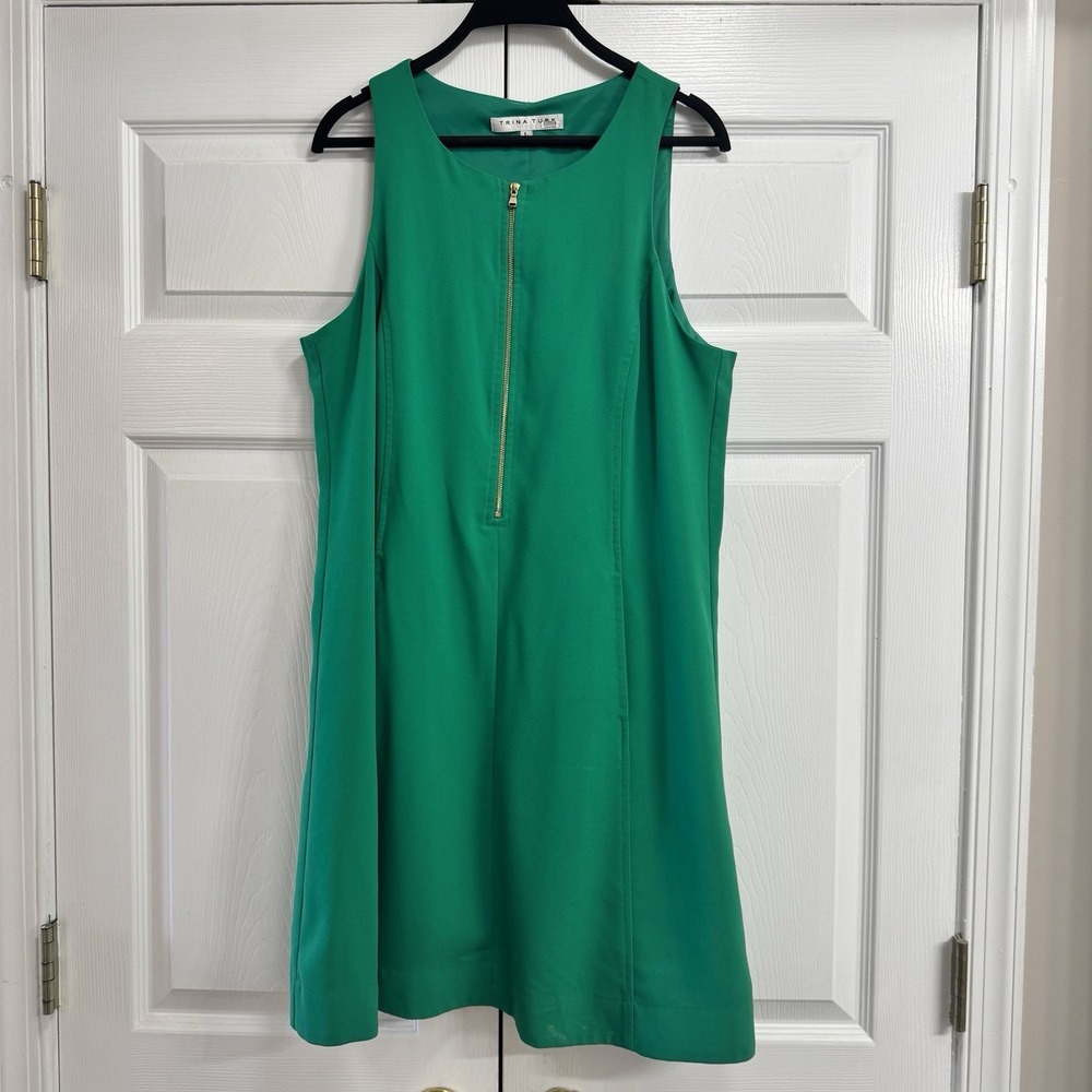 Trina Turk Women's Reef Gold Zippered Swing Dress Jade Green Size‎ Large Career